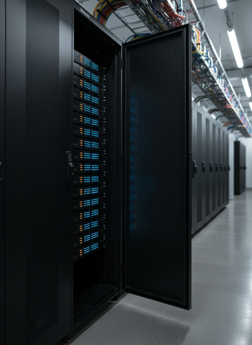 A sleek, matte-black server rack door partially open, revealing rows of glowing database servers with neatly organized blue and amber indicator lights. The hardware sits in a spotless, modern data center corridor with polished concrete floors and cable trays overhead. Cool, diffused overhead LED lighting creates subtle reflections on the metal surfaces and a gentle gradient of light receding into the distance. Shot at eye level with a slight angle down the aisle, using a shallow depth of field to keep the front servers sharp while the back rows blur softly. The mood is professional, calm, and highly organized, with a clean, photographic realism that conveys reliability and modern infrastructure for database and AI workloads.