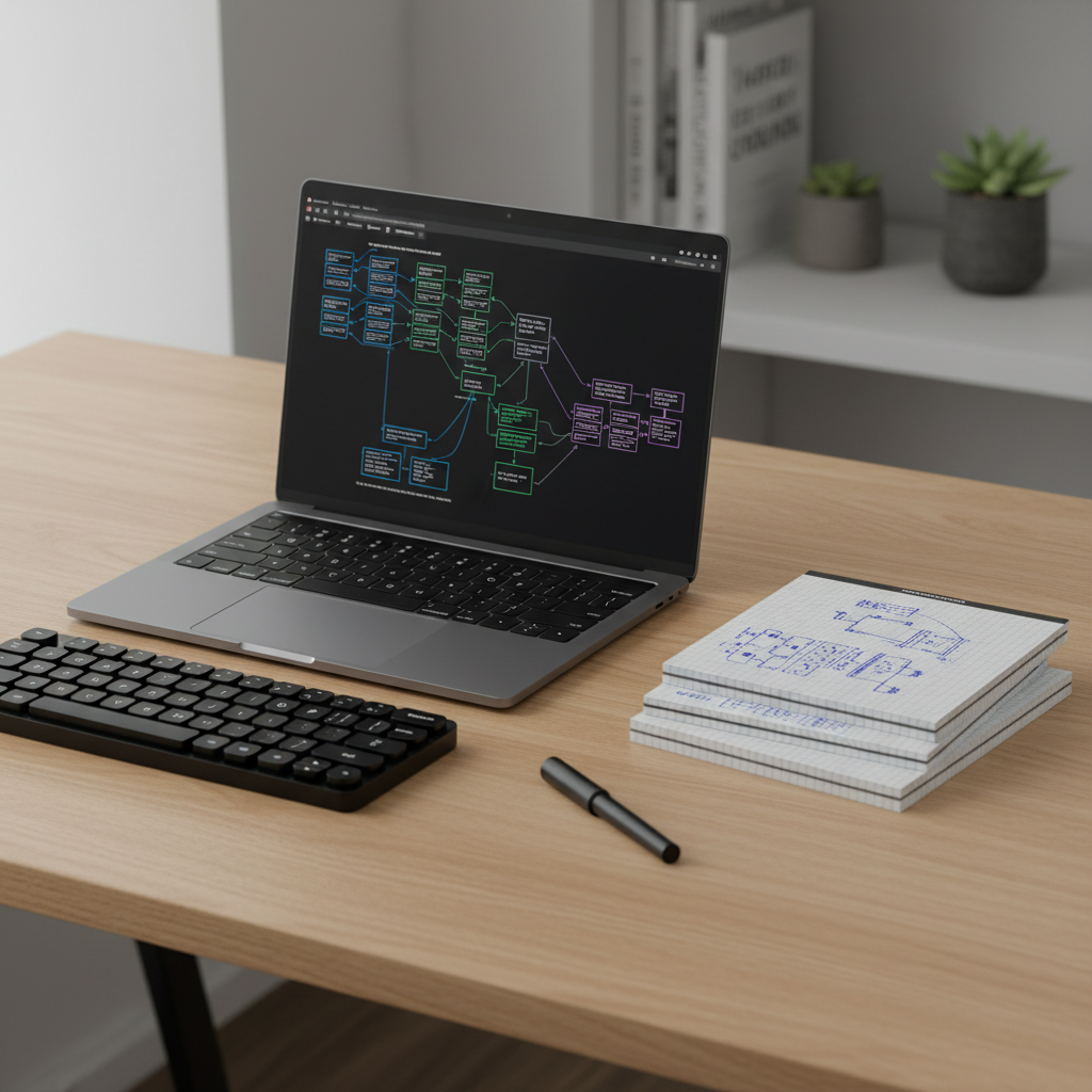 A modern minimalist workstation featuring a slim, dark-gray laptop open on a light oak desk, its screen showing a crisp dark-mode database schema diagram intersecting with an AI model flowchart. Beside it, a small stack of graph paper notebooks with precise handwritten diagrams, a mechanical keyboard, and a single black pen. Soft overcast daylight enters from an unseen window, casting gentle, even illumination and subtle shadows. The background is a blurred shelf with a few technical books and a single potted plant. Captured from a slightly elevated three-quarter angle with a shallow depth of field, the composition follows the rule of thirds. The photographic style is clean, modern, and professional, evoking focused, practical work on data systems and AI design.